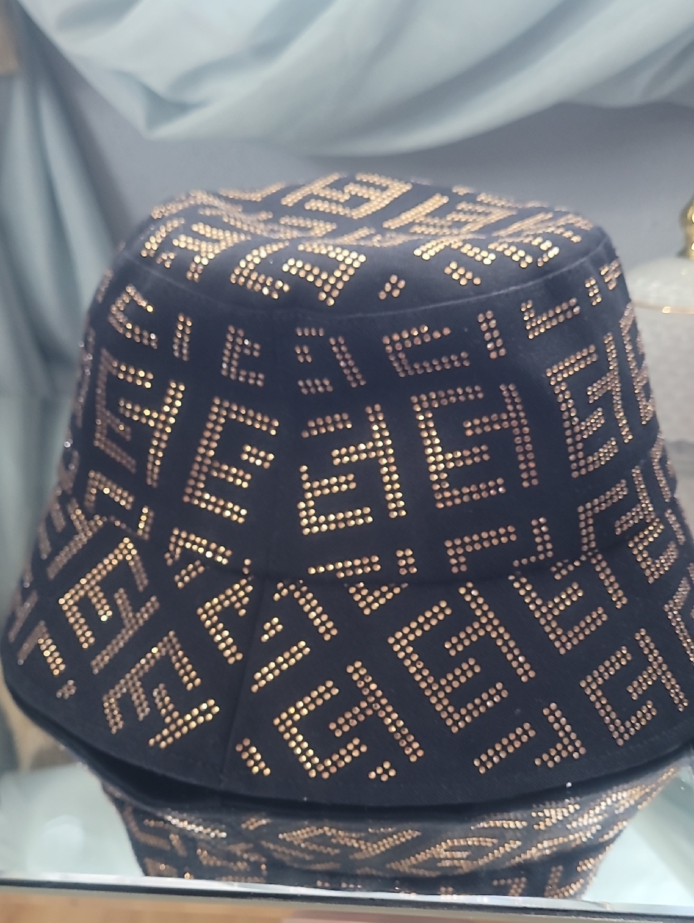 Black Bucket Hat with Gold Studded Geometric Pattern